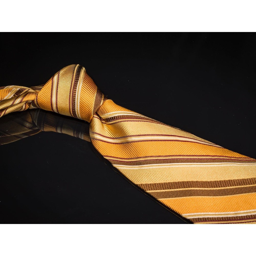 Robert Talbott 100% Silk Tie Yellow Orange Brown Striped Mens Designer Necktie